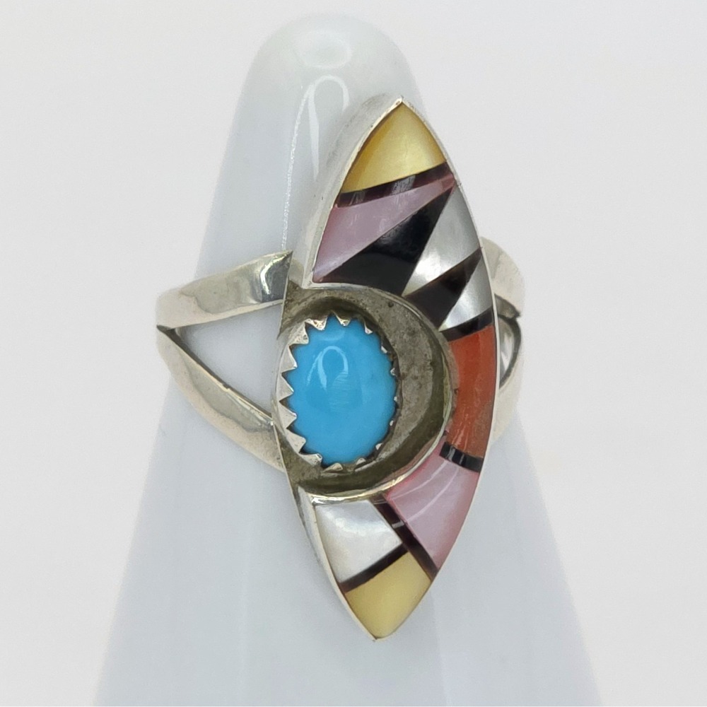 Sterling Silver Sleeping‎ Beauty Turquoise Muli Stone Inlay Ring Size 5 Handmade